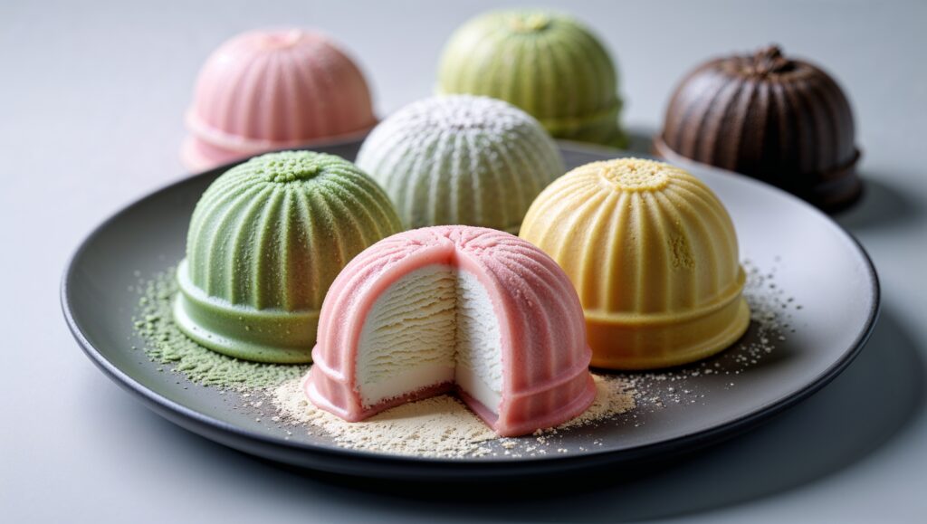 Mochi helado japonés de distintos sabores como matcha, fresa, mango y chocolate en un plato elegante.